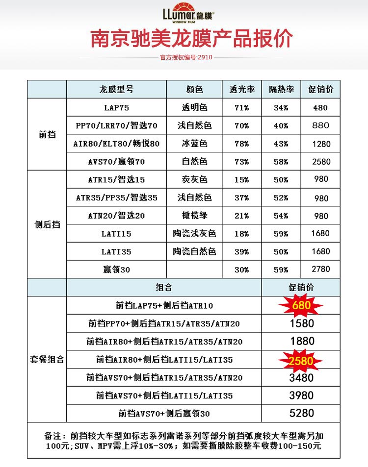 南京龙膜汽车贴膜价格表 南京龙膜汽车贴膜价格表
